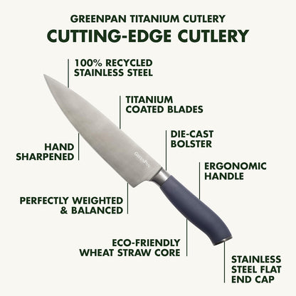 GreenPan Elite 8 Piece Steak Knife Set, Professional Stainless Steel Blades with Titanium Coating, Ultra-Sharp Dining Knives, Kitchen Cutlery, Ergonomic Wood Handles, Wooden Storage Box