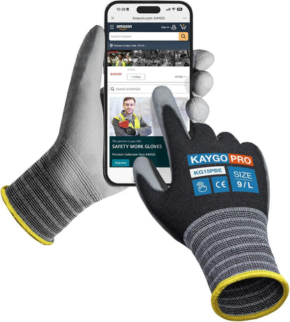 KAYGO Ultra Thin PU Coated Safety Work Gloves, 12 Pairs Nylon Knit, High Dexterity Anti-Slip Breathable Light Duty Gloves for Precision, Warehouse, DIY & Electronics (L,Gray)