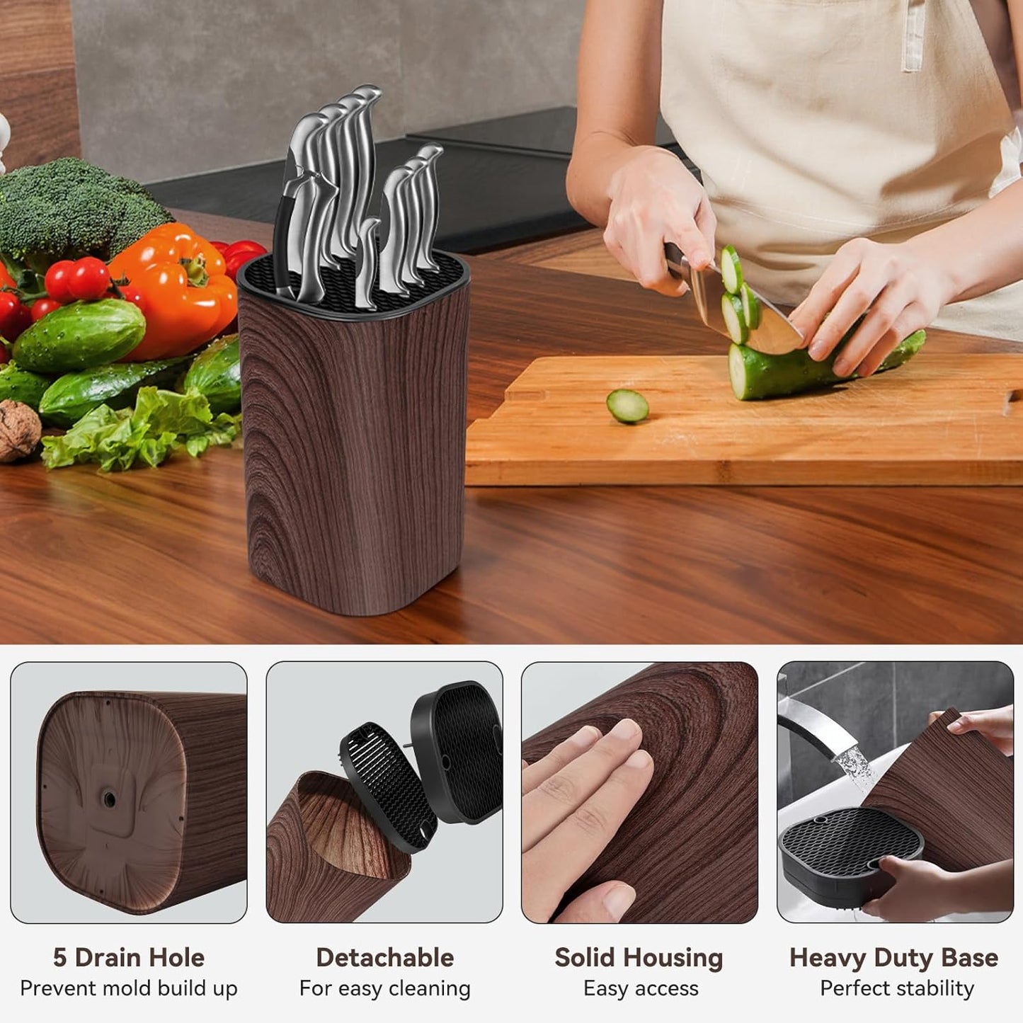 Ninonly Black Knife Block Without Knives 3 in 1 Universal Square Knife Holder Without Knives with Scissors Slot and Sharpening Rod Detachable Kitchen Knife Holder for Easy Cleaning Space Saver