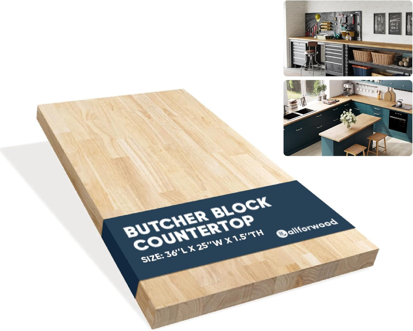 36''L x 25''W x 1.5''Th Hevea Solid Wood Butcher Block Countertop, Butcher Block Table Top for DIY Washer Dryer/Island/Kitchen Countertop (Unfinished)