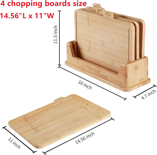 Fiery Chef 12.6"L x 9"W Bamboo Cutting Board Set of 4 - Wood Cutting Board Set with Holder, Chopping Boards Set with Food Icons, Juice Groove - Ideal for Meat, Fish, Bread, Vegetable, Fruit Chopping