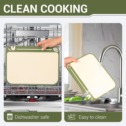 3PCS Plastic Cutting Board Set for Kitchen - Double-Sided with Built-in Juice Trough, Knife Sharpener, Non-Slip Edges, BPA-Free & Dishwasher Safe