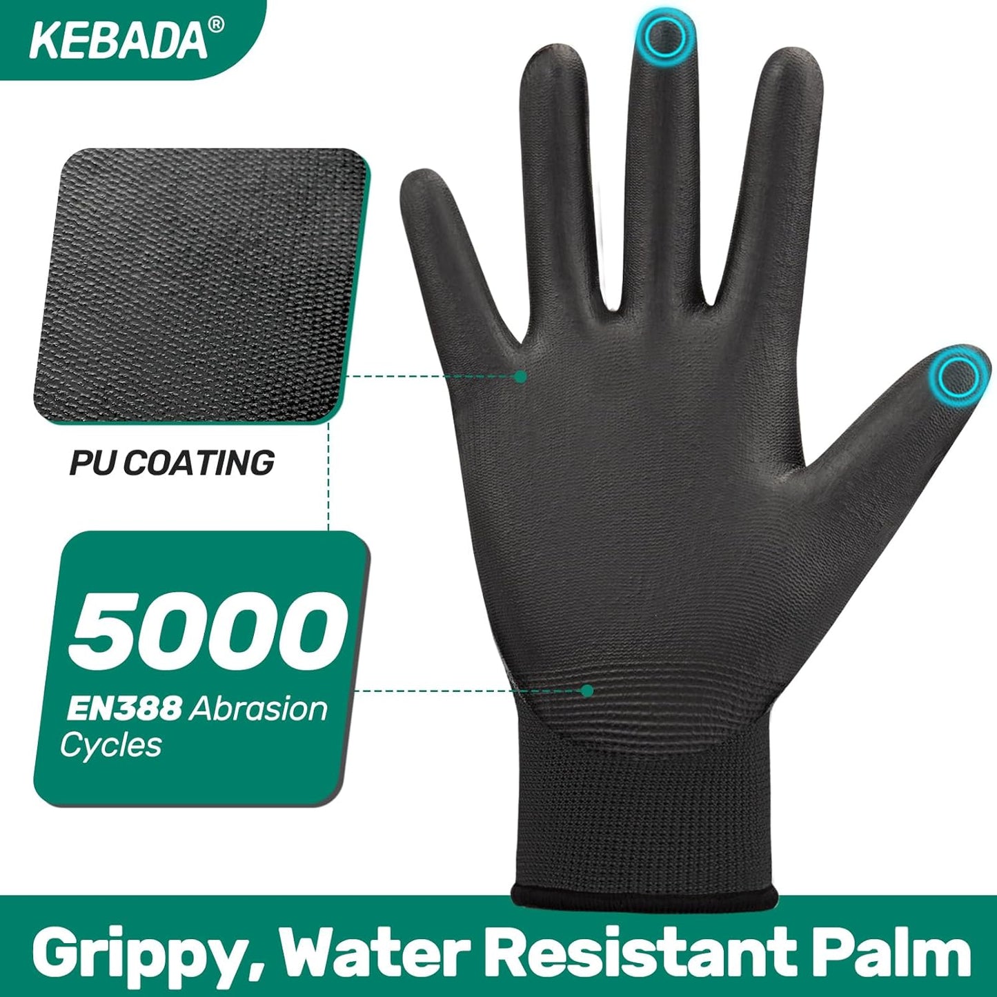 Kebada W1 Work Gloves for Men and Women, PU Coated Safety Gloves with Grip, Touchscreen, Ideal for Warehouse Package Handling, Construction, Gardening, 12 Pairs Gray Large