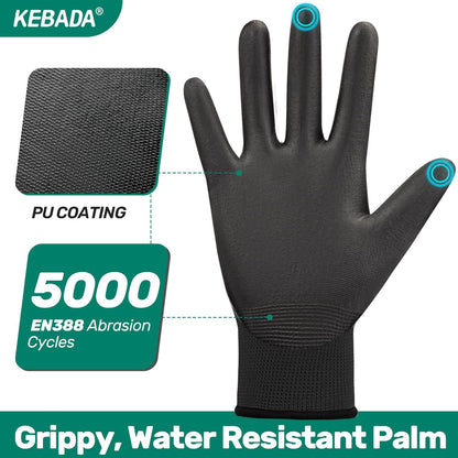 Kebada W1 Work Gloves for Men and Women, PU Coated Safety Gloves with Grip, Touchscreen, Ideal for Warehouse Package Handling, Construction, Gardening, 12 Pairs Gray Large