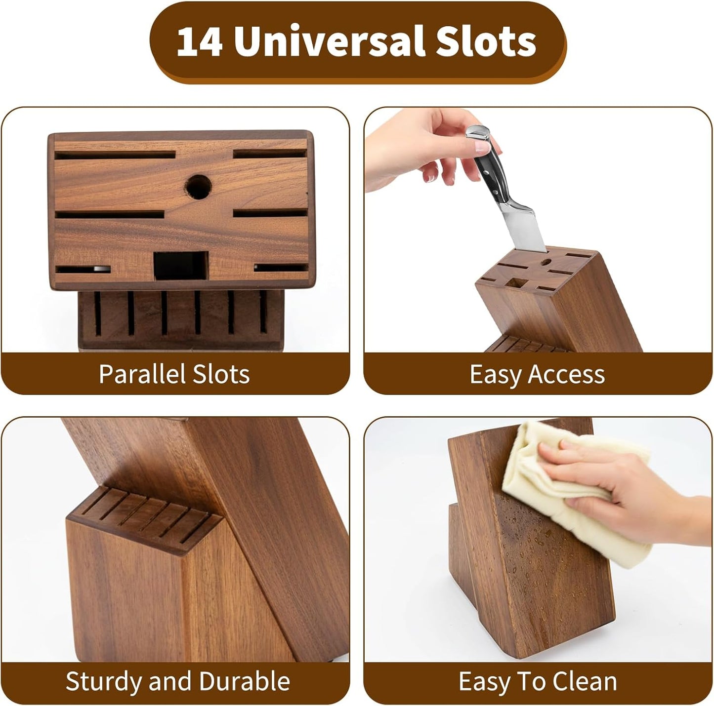 14-Slot Knife Block Compatible with Cuisinart,Rubberwood Block Knife Storage Organizer for Kitchen,Anti-Slip And Drainage Base