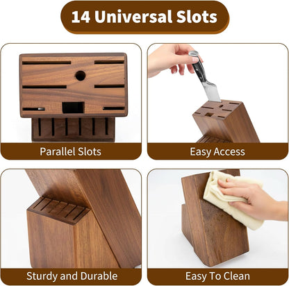 14-Slot Knife Block Compatible with Cuisinart,Rubberwood Block Knife Storage Organizer for Kitchen,Anti-Slip And Drainage Base