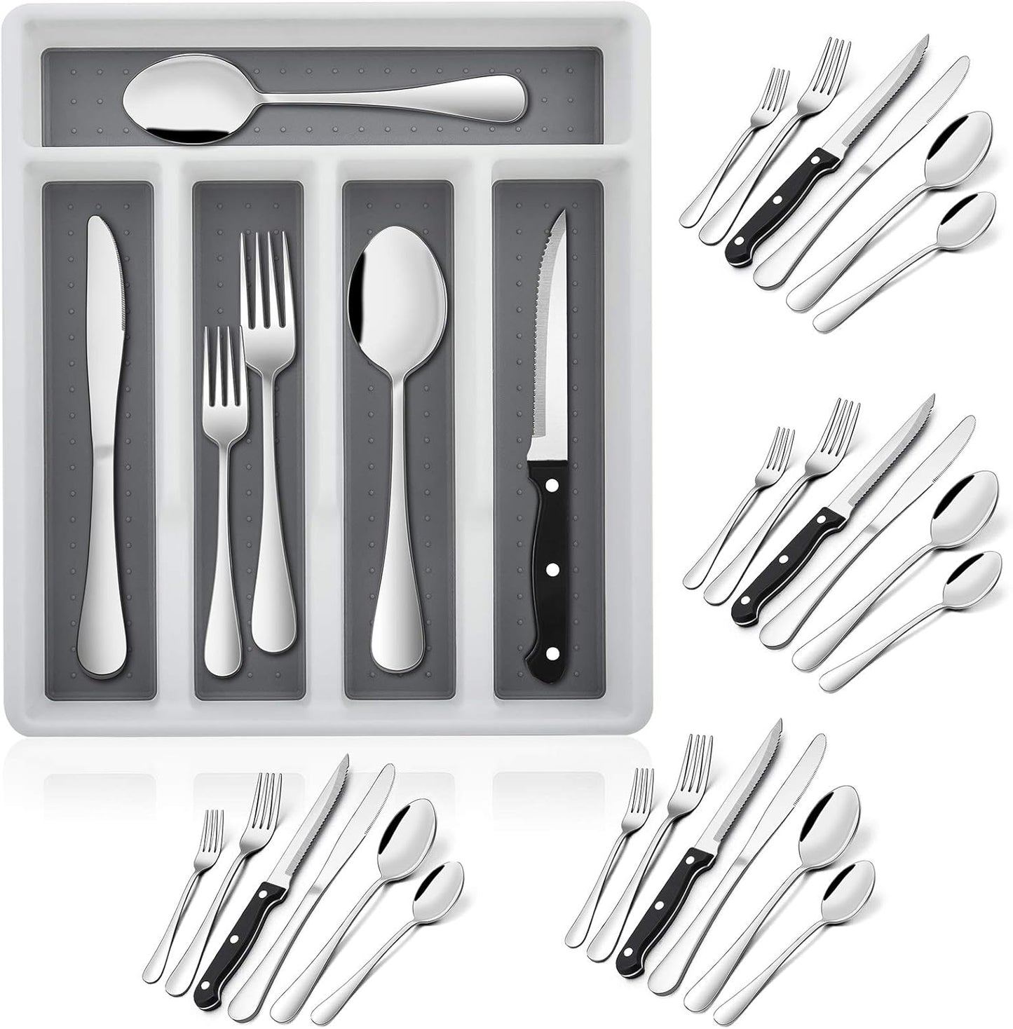E-far 24-Piece Silverware Set with Organizer Tray and Steak Knives, Stainless Steel Flatware Cutlery Service for 4, Basic Tableware Eating Utensils for Home Kitchen, Mirror Polished, Dishwasher Safe