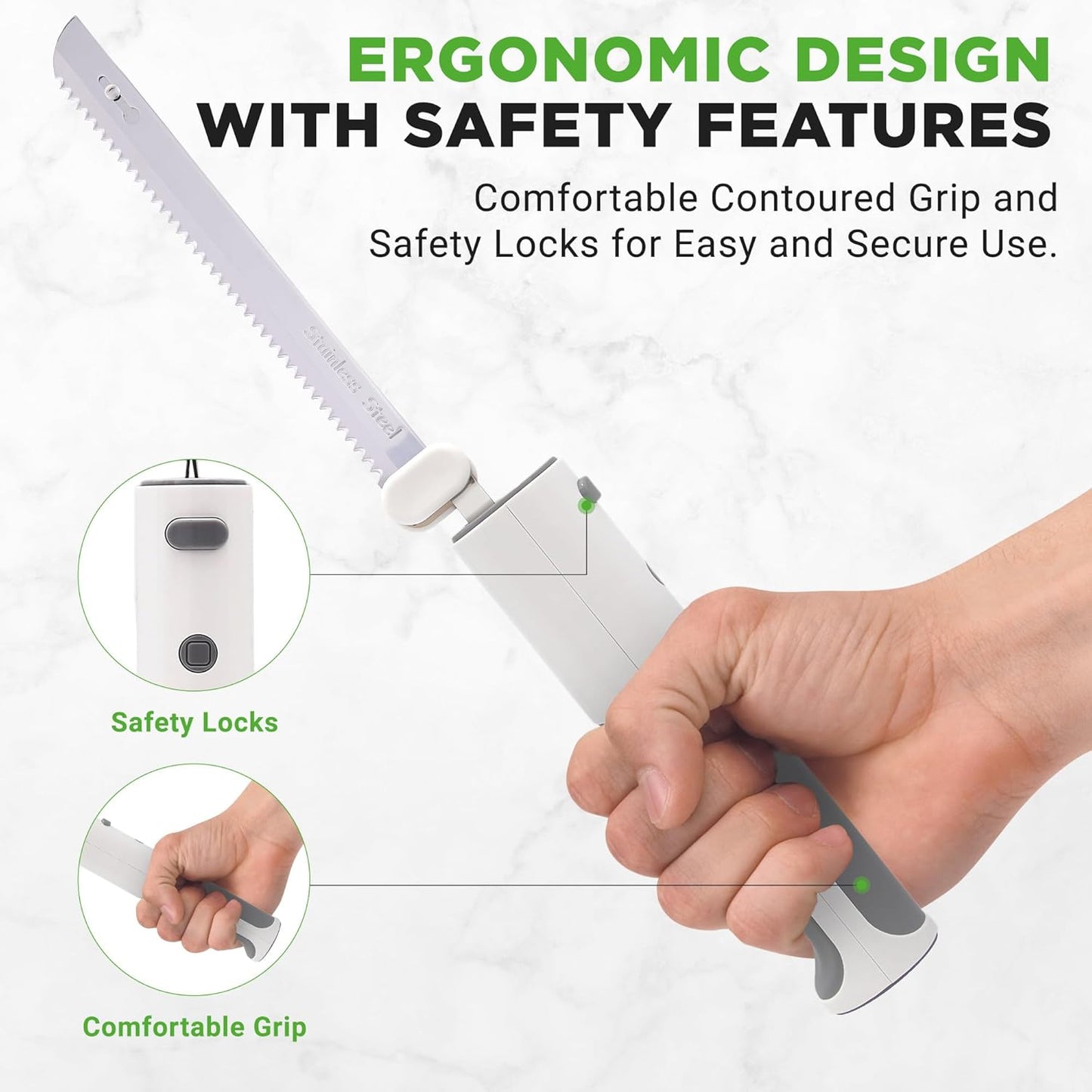 NutriChef Cordless Electric Knife | Easy to Use Constant ON/OFF Safety Function | Lightweight Kitchen Knife | Carve Turkey, Meats, Poultry, Bread & Cheese | 11.42’’ Stainless Steel Blades | Black