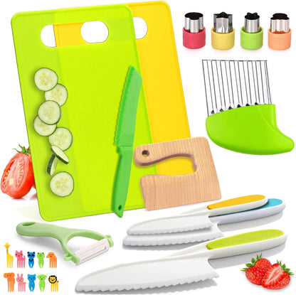 23 Pcs Kids Knife Set for Real Cooking, Montessori Kitchen Toys for Toddlers Kids Cooking Sets, Toddler Knife Set with Plastic Children Safe Knives, Wooden Knife, Potato Slicers, Peeler, Cutting Board