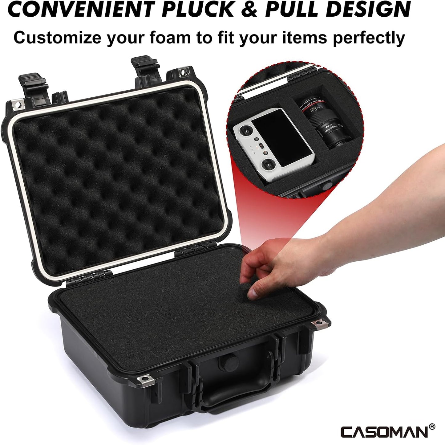 CASOMAN Water-proof and Dust-proof Protective Sturdy Plastic Storage Case with Cush-Proof Sponge and Customizable Foam, IP67 Water Proof Grade, 13.4" X 11.6" X 6"
