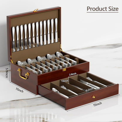 Solid Walnut Silverware Storage Box, 2-Layer Silverware Chest with Drawer, Flatware Case with Lid and Felt Lined, Wood Flatware Storage Box Holds 12-16 Sets of Utensils, Wedding Housewarming Gifts