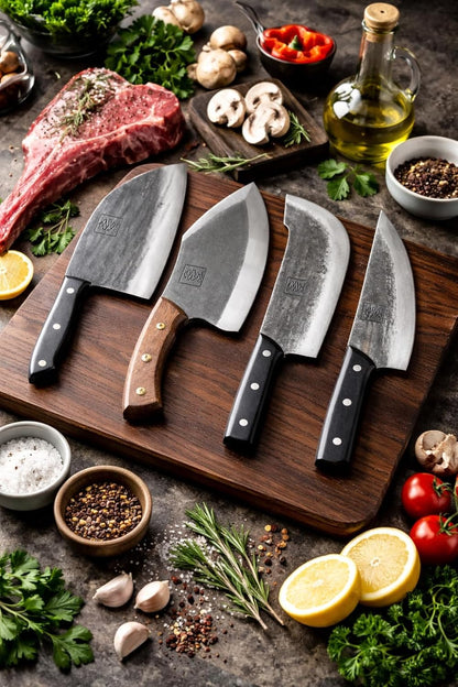 COOLINA Daozi 8" Butcher Knife, Hand-Forged High-Carbon Steel Cleaver for Heavy-Duty Meat Cutting, Slicing, Chopping, Brisket & BBQ, Full-Tang Forged Blade with Ergonomic Wood Handle