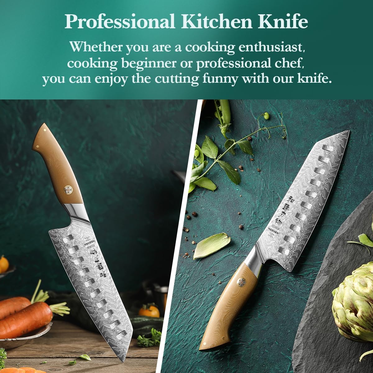HEZHEN Damascus Chef Knife, 8.5 Inches, 67 Layers Damascus Steel, Professional Japanese Kitchen Knife for Chefs and Home Cooking, Ultra-sharp Blade with Linen Micarta Handle, Gift Packing