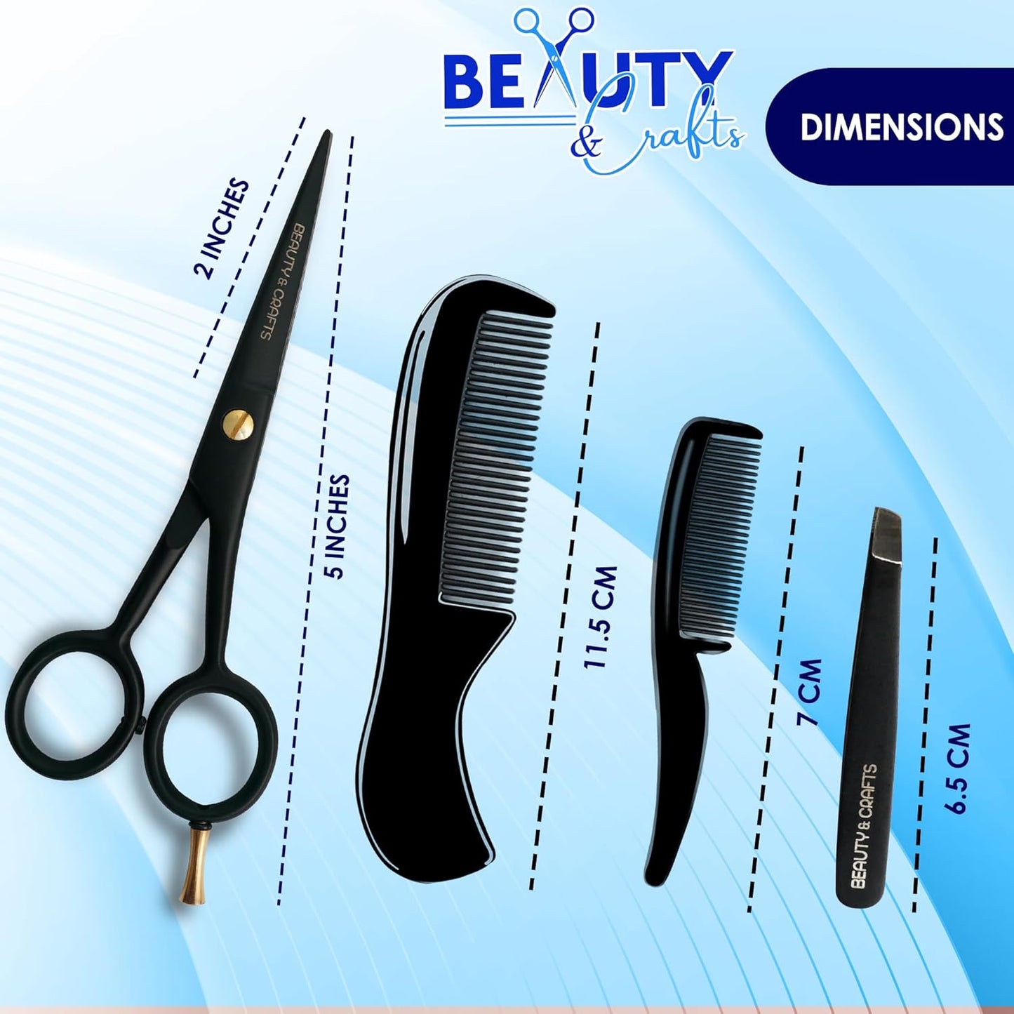 Beauty & Crafts 5” Professional Beard & Mustache Scissors for Men | German Stainless Steel Beard Trimming Shears with 2 Mustache Combs & Premium Pouch for All Facial Hair (Black)