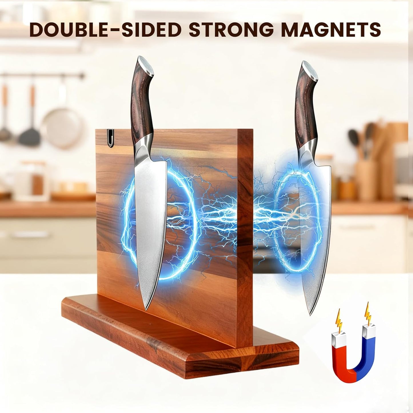Magnetic Knife Block Natural Acacia Wood Knife Holder Space-Saving Magnetic Strip for Kitchen Knives Self-Sharpening Slot for Maintaining Blade Sharpness Strong Magnet Securely Holds Knives