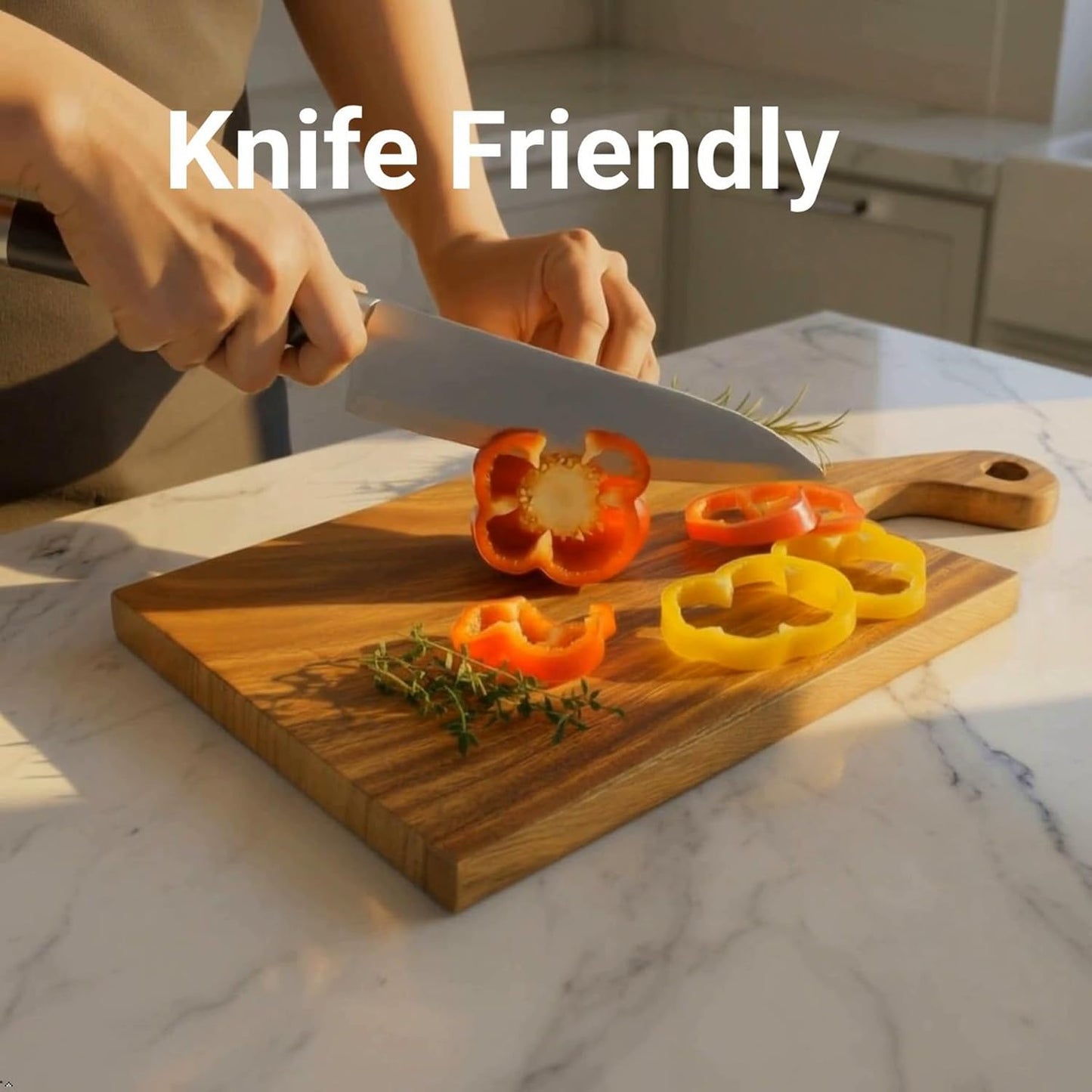Acacia Wood Cutting Board with Handle, Single Piece Solid Wood, Double Sided Charcuterie and Bread Board, Small Knife Friendly Kitchen Prep Board, 15 x 8 Inch