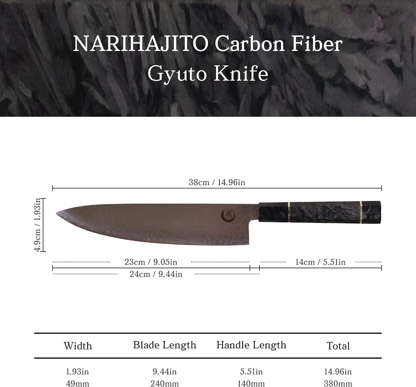 Carbon Fiber Gyuto Knife 240mm (9.5 inch) – 67 Layer Damascus, Carbon Fiber Resin Octagonal Handle