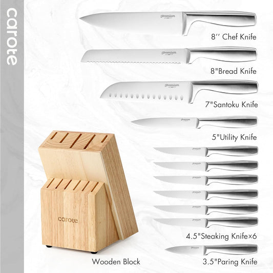 CAROTE 12-Piece Knife Set, All-Stainless Steel Knife Block Set, Kitchen Knives with Wooden Block, Razor-Sharp and Ergonomic, Easy Cleaning