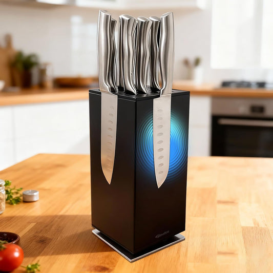 universal magnetic knife block without knives-360° rotatable magnetic knife holder made of fine acacia wood, Extra large magnet knife storage for knives and utensils for a quality kitchen life
