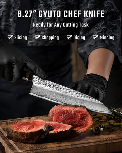 kanngou VG10 Damascus Chef Knife, 8.27 Inch Gyuto Knife with Rose Wood Handle and 67 Layers Damascus Steel, Japanese Kitchen Knife with Premium Gift Box