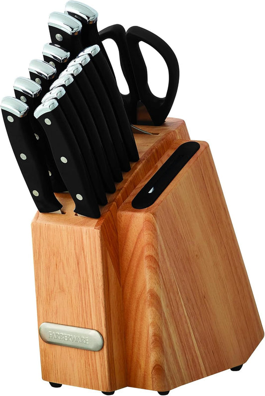 Farberware Edgekeeper Triple Riveted Slim Knife Block Set with Built in Sharpener, 14-Piece, Navy