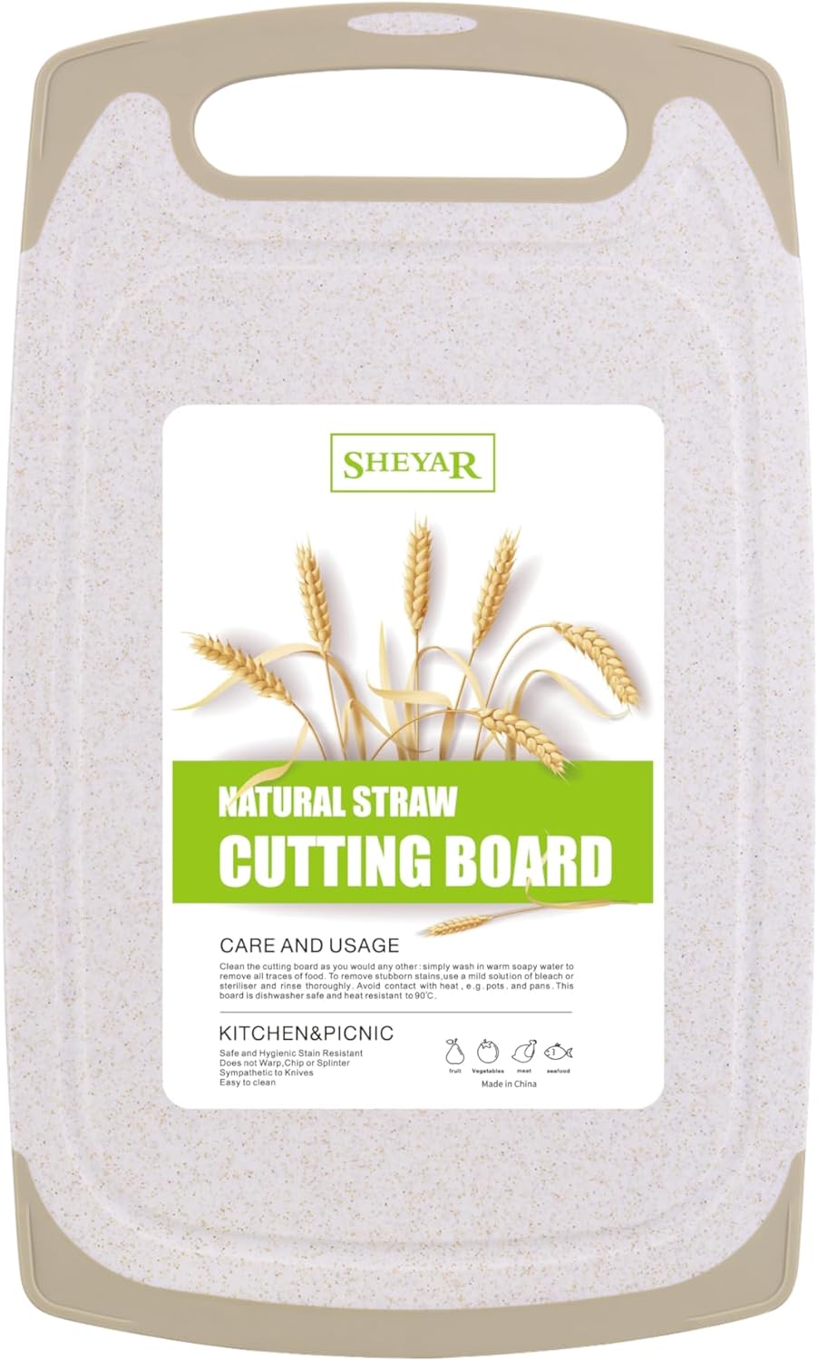 Cutting Board for Kitchen, Wheat Straw Fiber Cutting Board, Dish Washer Safe, w/Juice Grooves for Meat, Veggies, Easy Grip Handle, Non-slip Surface Eco-friendly Serveware Accessories （10‘x6.3’）