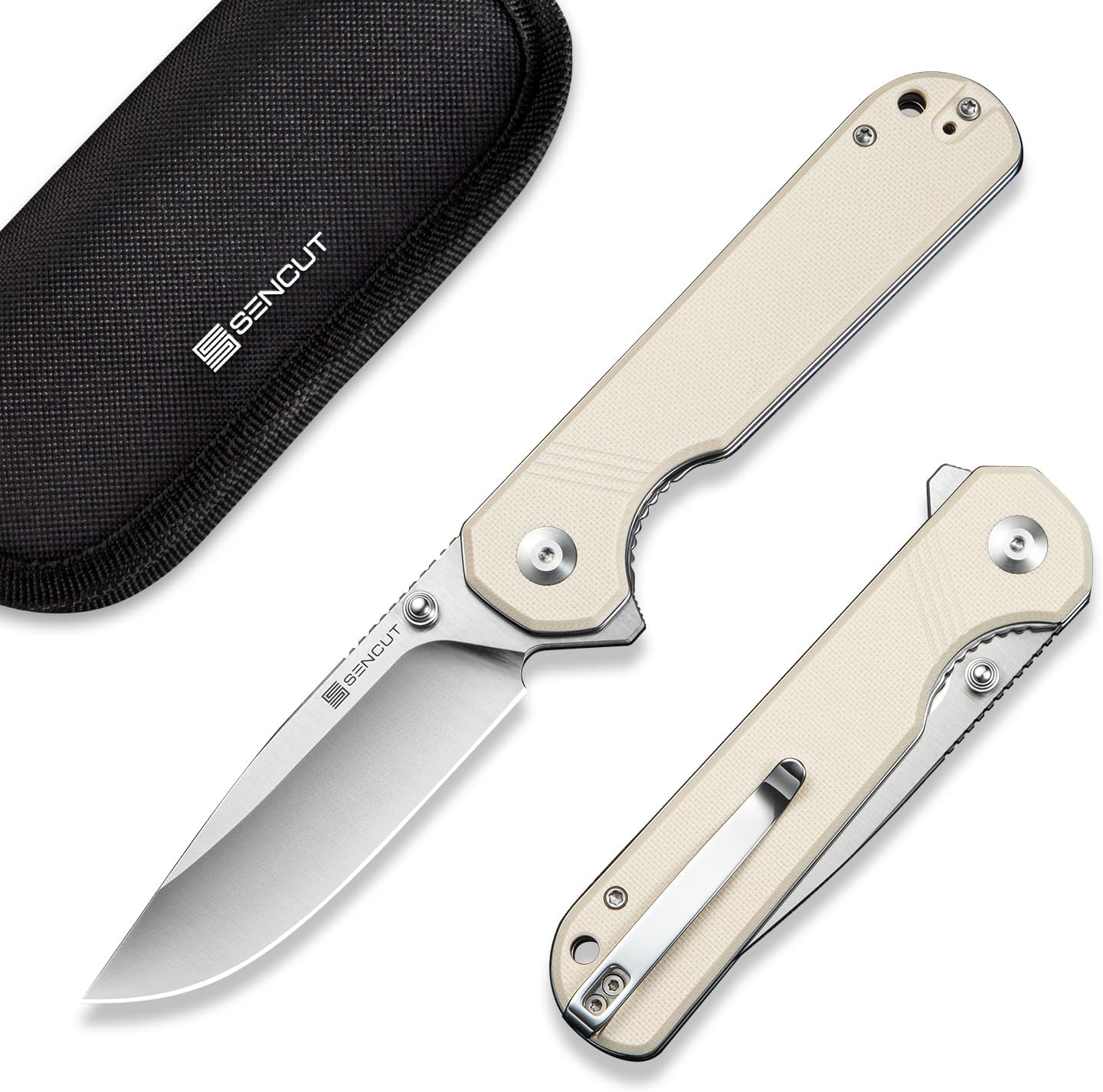SENCUT Aetheris Pocket Knife, EDC Folding Knife with 3.68'' 9Cr18MoV Blade & Canvas Micarta Handle, Reversible Clip for Camping Hiking S24095-3(Black)