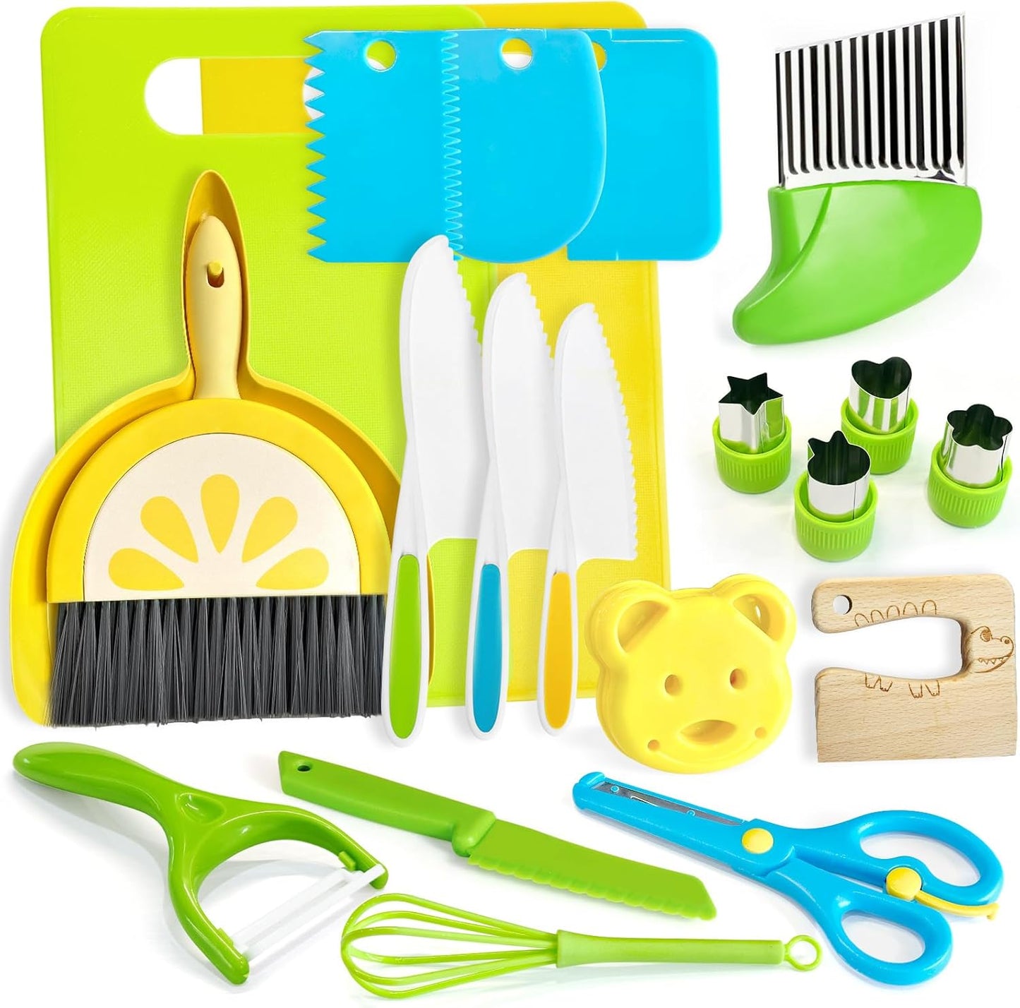 Chanking 17 Pieces Kids Safe Knife Set for Real Cooking Child-Friendly Plastic Chef Tools Montessori Kitchen Toys for Toddlers Birthday Gifts for Boys and Girls Ages 4+ (A)