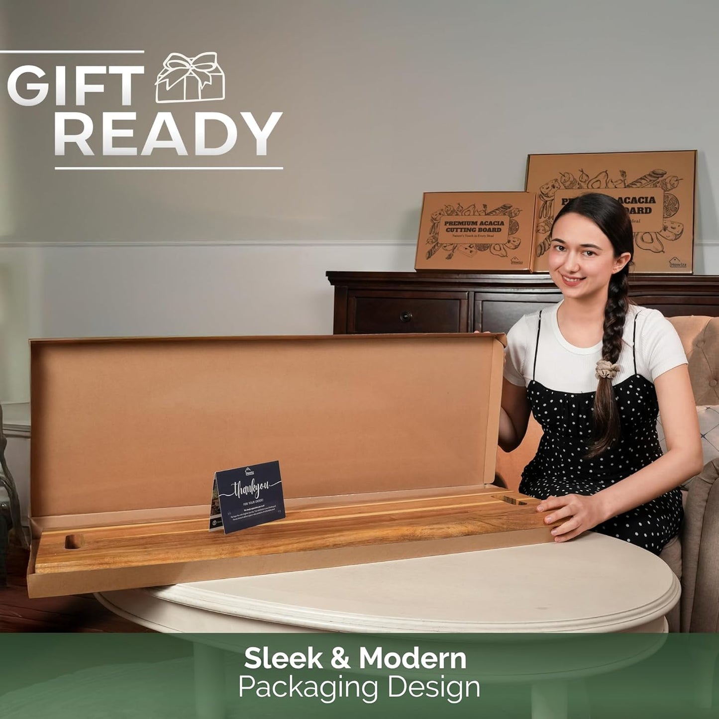 Howizz Acacia Wood Large Cutting Board, Thick End Grain Solid Wood Butcher Block For Kitchen, Non Toxic Pre-Oiled Carving Tray w/Juice Grooves and Easy Grip Handle, 20"x15"x1" (Gift-Ready Box)