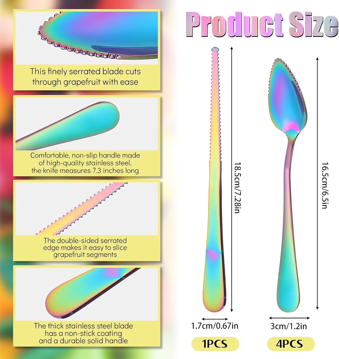 5 Pcs Grapefruit Spoons and Knife Set Gold Stainless Steel Serrated Utensils for Citrus Kiwi Melon Lemon Puree Dishwasher Safe