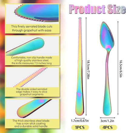 5 Pcs Grapefruit Spoons and Knife Set Gold Stainless Steel Serrated Utensils for Citrus Kiwi Melon Lemon Puree Dishwasher Safe