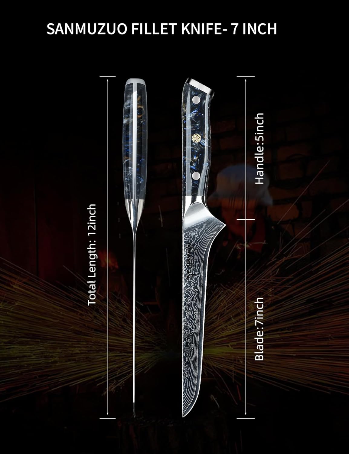 7 inch Fillet Knife, VG10 Damascus Steel Fish Boning Knife with Resin Handle - Xuan Series (Sunset Red)