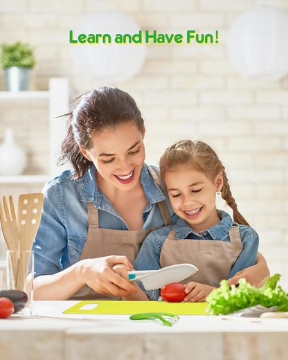 Kids Kitchen Knife Set, 15 Pcs BPA Free Montessori Kitchen Tools for Toddlers' Real Cooking, Include Knives, Crinkle and Sandwich Cutters, Peeler, Cutting Boards, Cleaning Tools for 3+ Birthday Gift