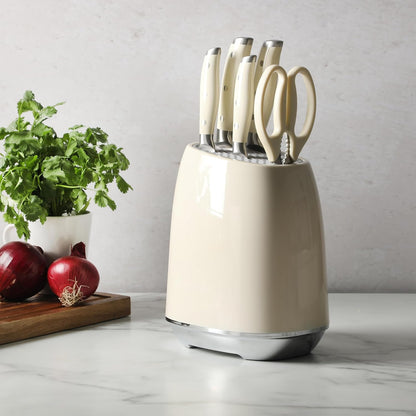 Oster Deaton Knife Block Set with Stainless Steel Knives & Kitchen Shears, 6-Piece Kitchen Cutlery Set with White Handles and Countertop Storage Block