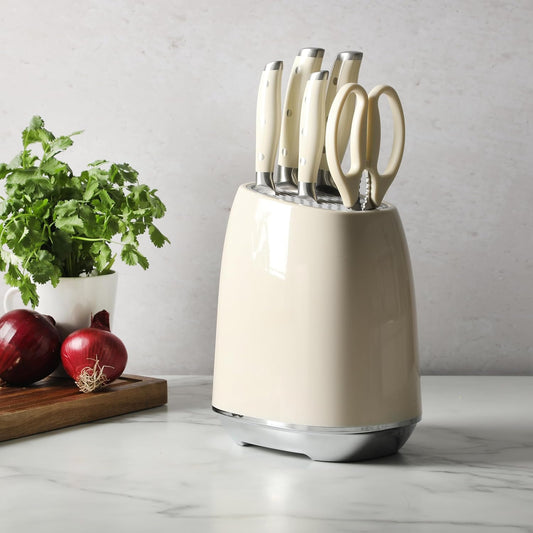 Oster Deaton Knife Block Set with Stainless Steel Knives & Kitchen Shears, 6-Piece Kitchen Cutlery Set with White Handles and Countertop Storage Block