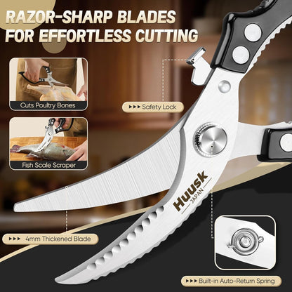 Huusk Poultry Shears Heavy Duty – All Purpose Japanese Kitchen Scissors for Chicken, Meat, Fish, Vegetables & Pizza with Ergonomic Non-Slip Red Handle, Gifts for Women Men