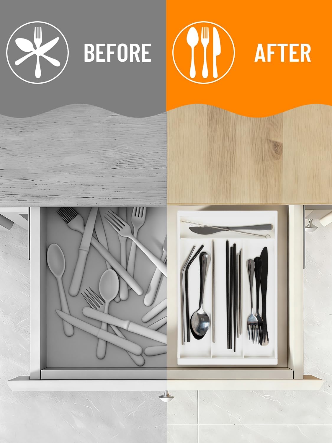 Silverware Drawer Organizer Tray, Adjustable Small Utensil Holder for Spoon and Fork, Expandable Flatware Cutlery Tray for Kitchen Drawers (Black)