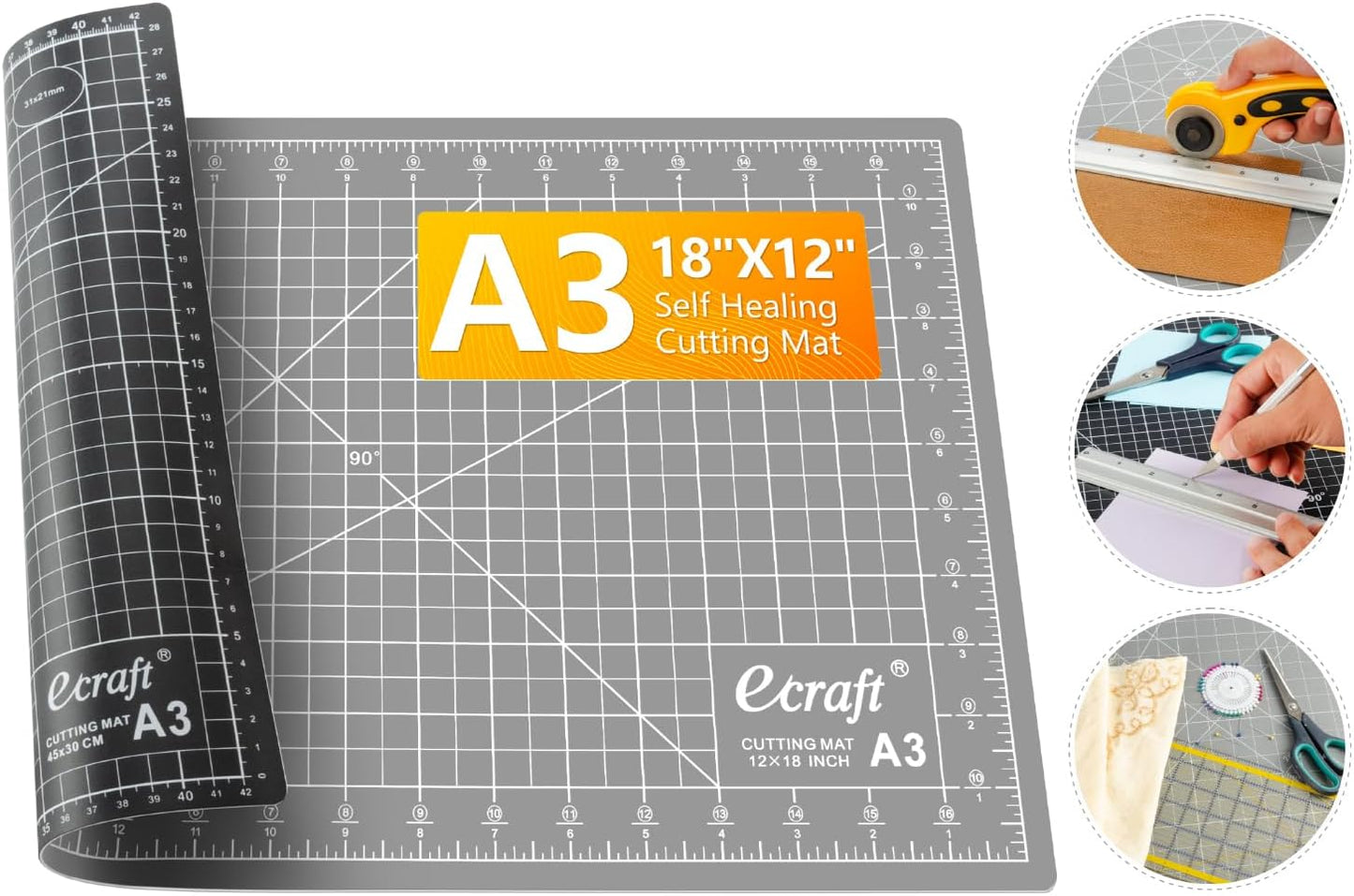 Ecraft Self Healing Cutting Mat 18x12 Inch A3, 5-Ply Double Sided Rotary Cutting Board with Grid, Grey/Black for Sewing, Quilting, Fabric & Craft Projects