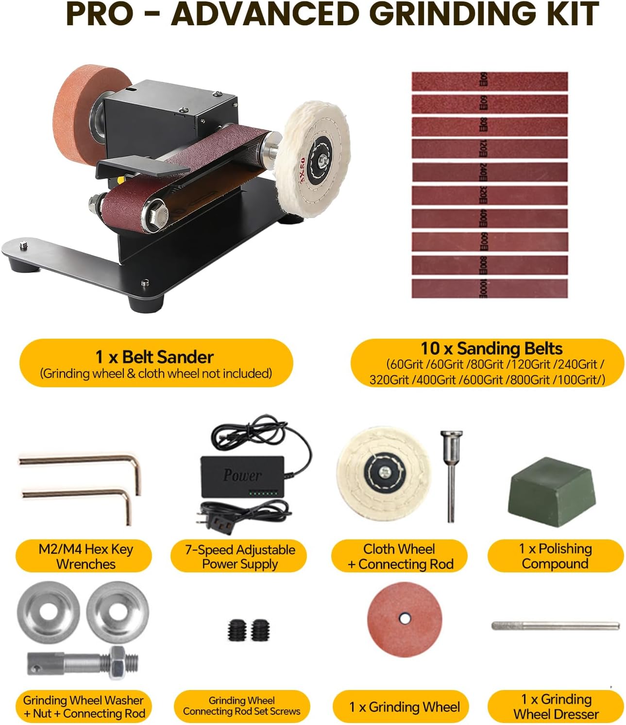 Mini Belt Sander, Electric Small Sander Knife Making Supplies, 7 Adjustable Speed Electric Knife Sharpener, Power Belt Grinder for Woodworking. (Wet/Dry Pro - Advanced Grinding Kit)