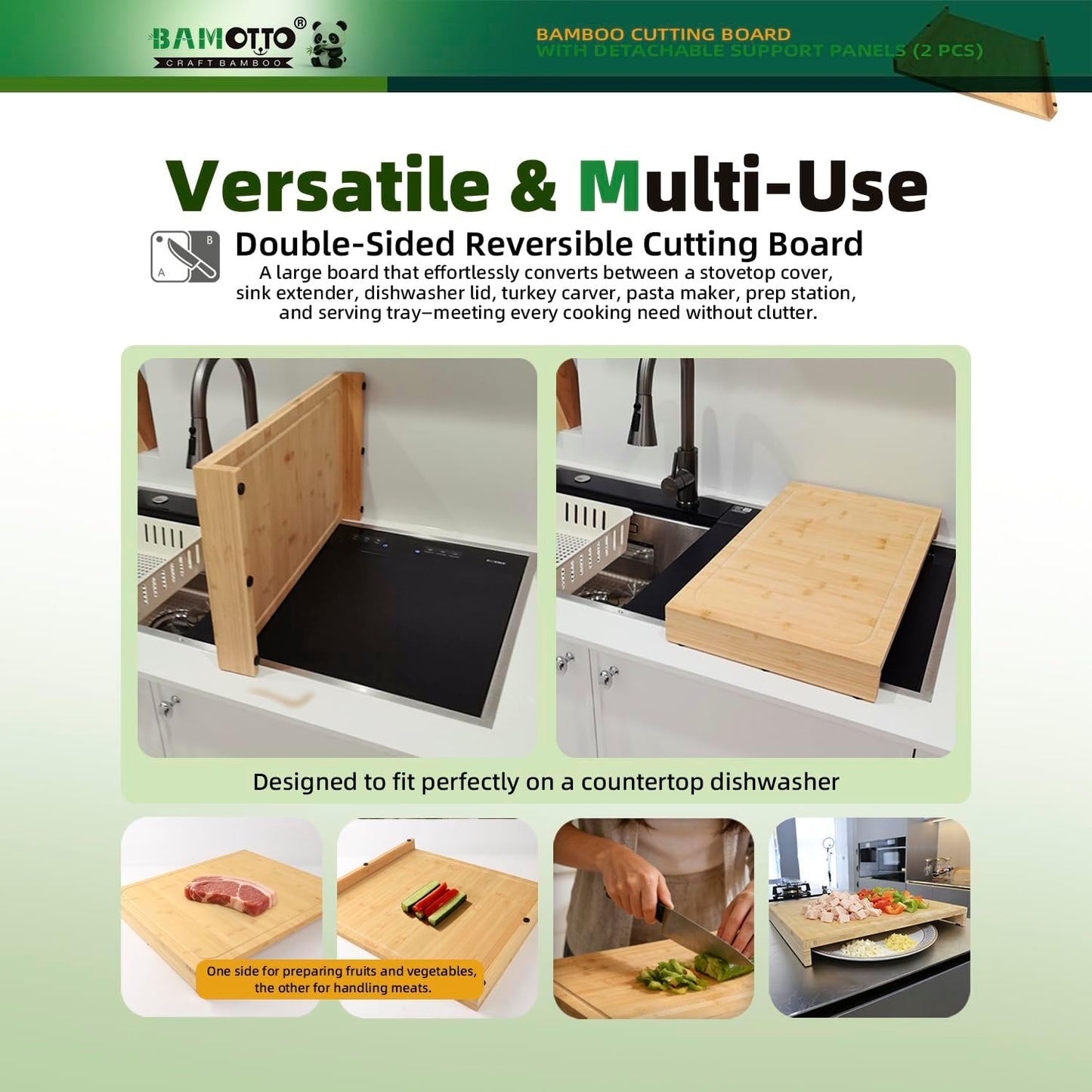 BAMOTTO CRAFTBAMBOO 18.1x21.3 Inch Large Bamboo Cutting Board with 2 Detachable Support Panels, Reversible, Kitchen Countertop Dishwasher Cover & Over Sink, Tray and Carving Board