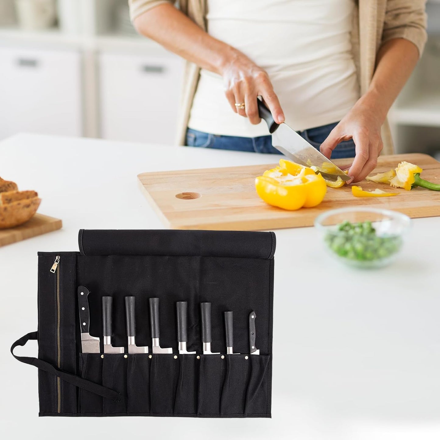 Chef Knife Roll Bag, Waxed Canvas knife bags for chefs professional, Portable 8 Slots Chef Knife Case With 1 Zipper Pockets & 8 Plastic Knife Guards Can Camping and Hold Home Kitchen Knife Tools