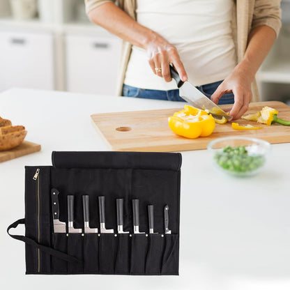 Chef Knife Roll Bag, Waxed Canvas knife bags for chefs professional, Portable 8 Slots Chef Knife Case With 1 Zipper Pockets & 8 Plastic Knife Guards Can Camping and Hold Home Kitchen Knife Tools
