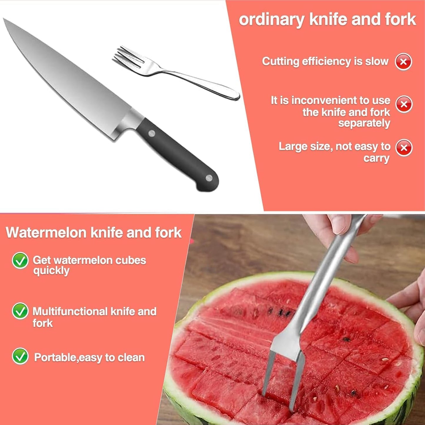 2 Pack 2-in-1 Watermelon Fork Slicer Cutter, Summer Stainless Steel Watermelon Fruit Cutter, Portable Fruit Forks Slicer Knife Kitchen Gadgets for Family Parties Camping (2pc)