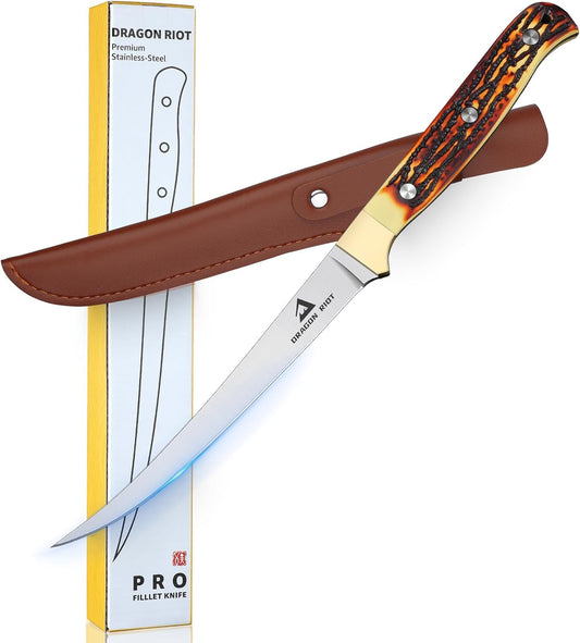 DRAGON RIOT Fillet Blade Set Professional Boning Knife for Filleting Japanese Stainless Steel Fish Knives Set with Ergonomic Handle Super Sharp Fish Filleting Knife for Meat Poultry Cutting
