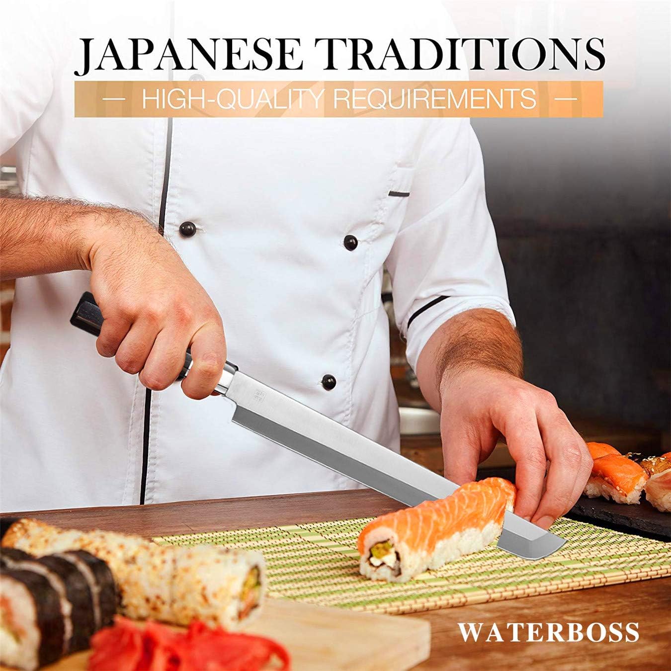 Waterboss,Japanese Sushi Chef Knife Salmon Knife Slicer Razor Sharp Sashimi Watermelon Knives, 5Cr15mov Stainless Steel Sashimi Yanagiba Knife, Maple Handle, 11.8inch (300mm)