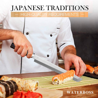 Waterboss,Japanese Sushi Chef Knife Salmon Knife Slicer Razor Sharp Sashimi Watermelon Knives, 5Cr15mov Stainless Steel Sashimi Yanagiba Knife, Maple Handle, 11.8inch (300mm)
