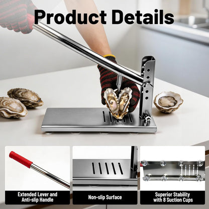 Oyster Shucker Tool, Stainless Steel Shell Opener Machine wtih 5 Adjustable Heights & 8 Suction Cups for Oysters, Clams, Scallops | Includes 2 Shucking Knives & 1 Pair of Gloves