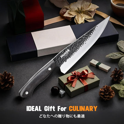 Huusk Japanese Chef Knife Set - Hand Forged Kitchen Knives for Meat Cutting - ATS-34 Carbon Steel Knives Set with Wooden Handle - Viking Cooking Knife Sets for BBQ Christmas Gift for Men and Women