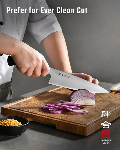 kanngou 8 Inch Chef Knife, Kitchen Knife with 440A AllOY Steel, Japanese Chefs Knife with Gift Box and Full-Tang Black POM Handle