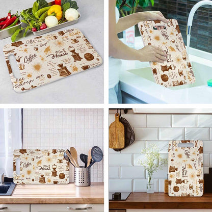 Coffee Set Cutting Board with Handles Coffee Maker Muffin Cup Flower Hot Drink Love Cutting Boards Plastic Safe Chopping Board for Kitchen 16" x 10" x 0.24"